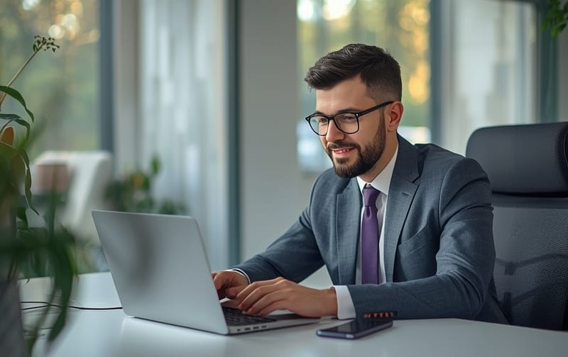 entrepreneur reviewing WhatsApp conversations laptop modern office