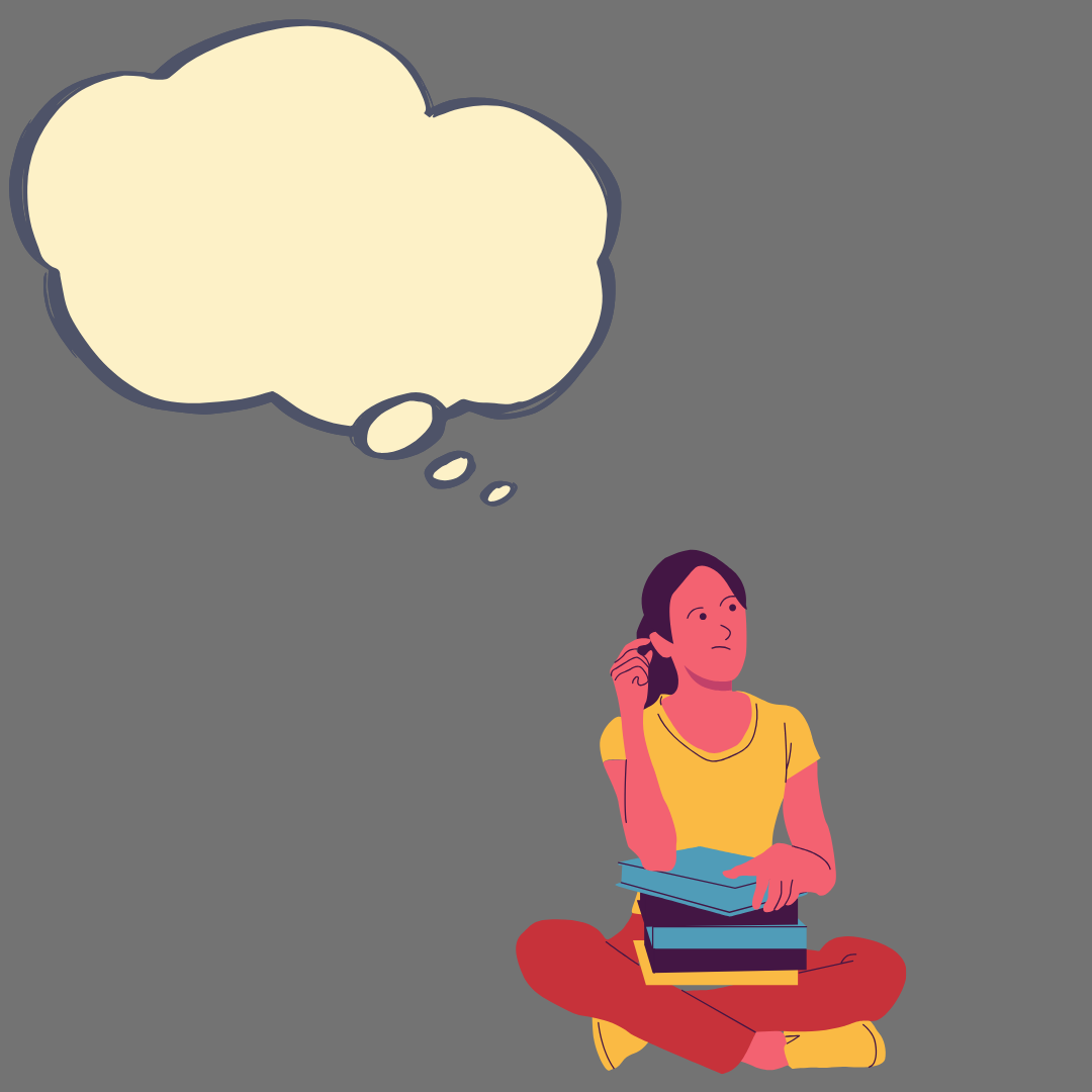A thought bubble with question marks, illustrating the concept of challenging negative thoughts.