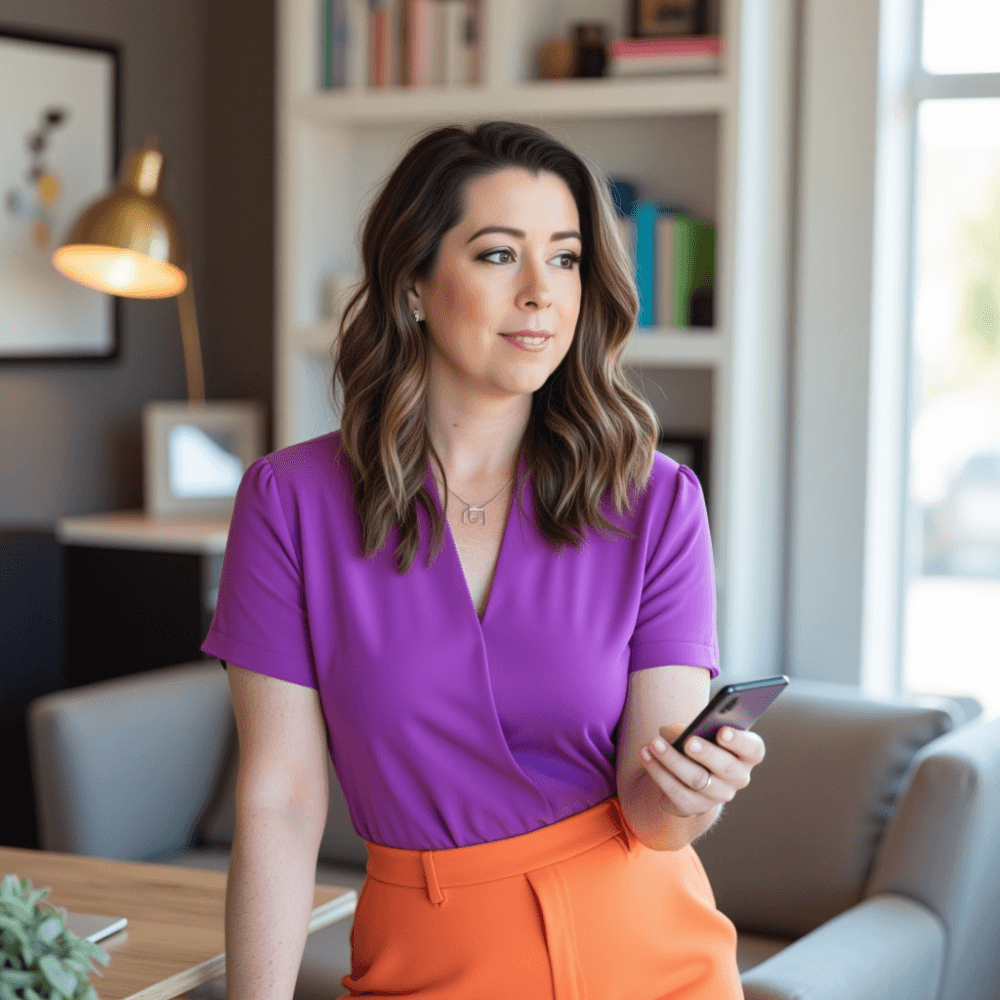 Coach standing in her office, phone in hand