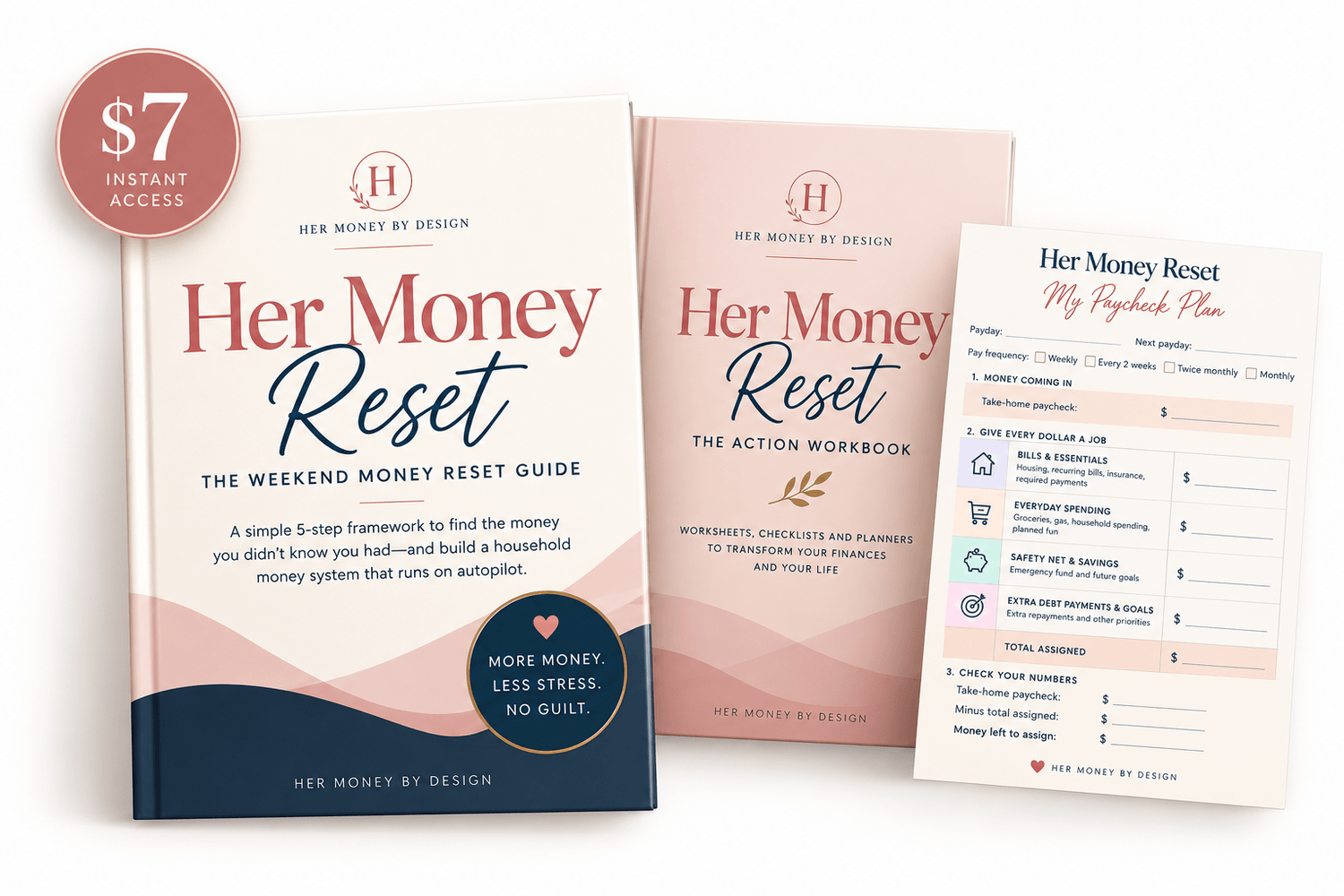 Her Money Reset digital guide, action workbook and Paycheck Plan