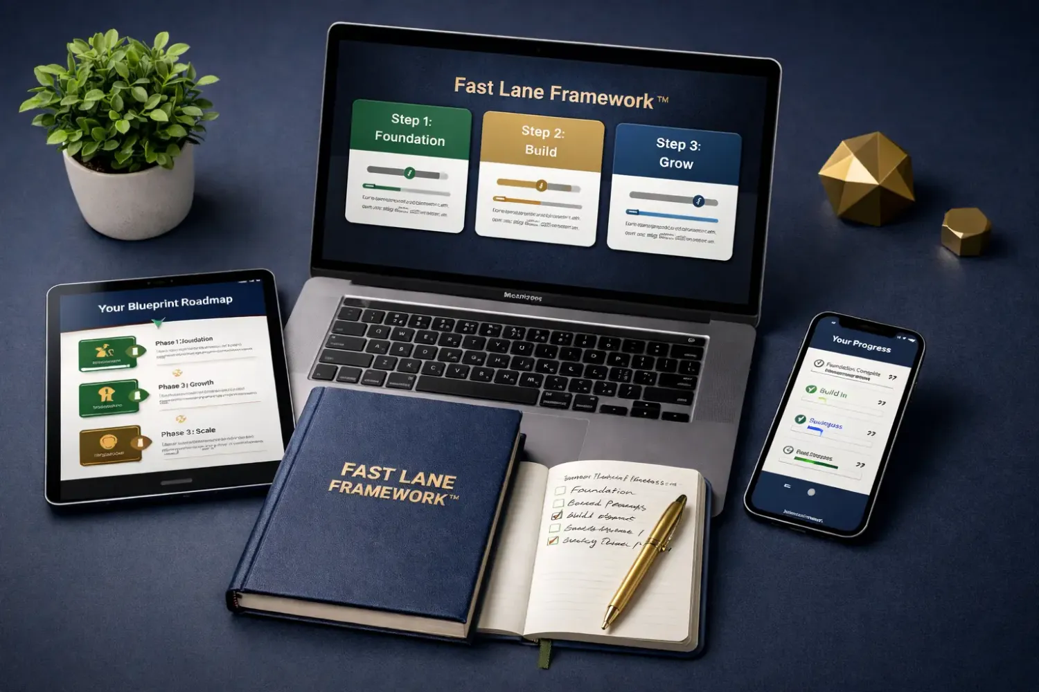 Fast Lane Framework checkout page mockup with step-by-step business dashboard and premium navy-and-gold design.