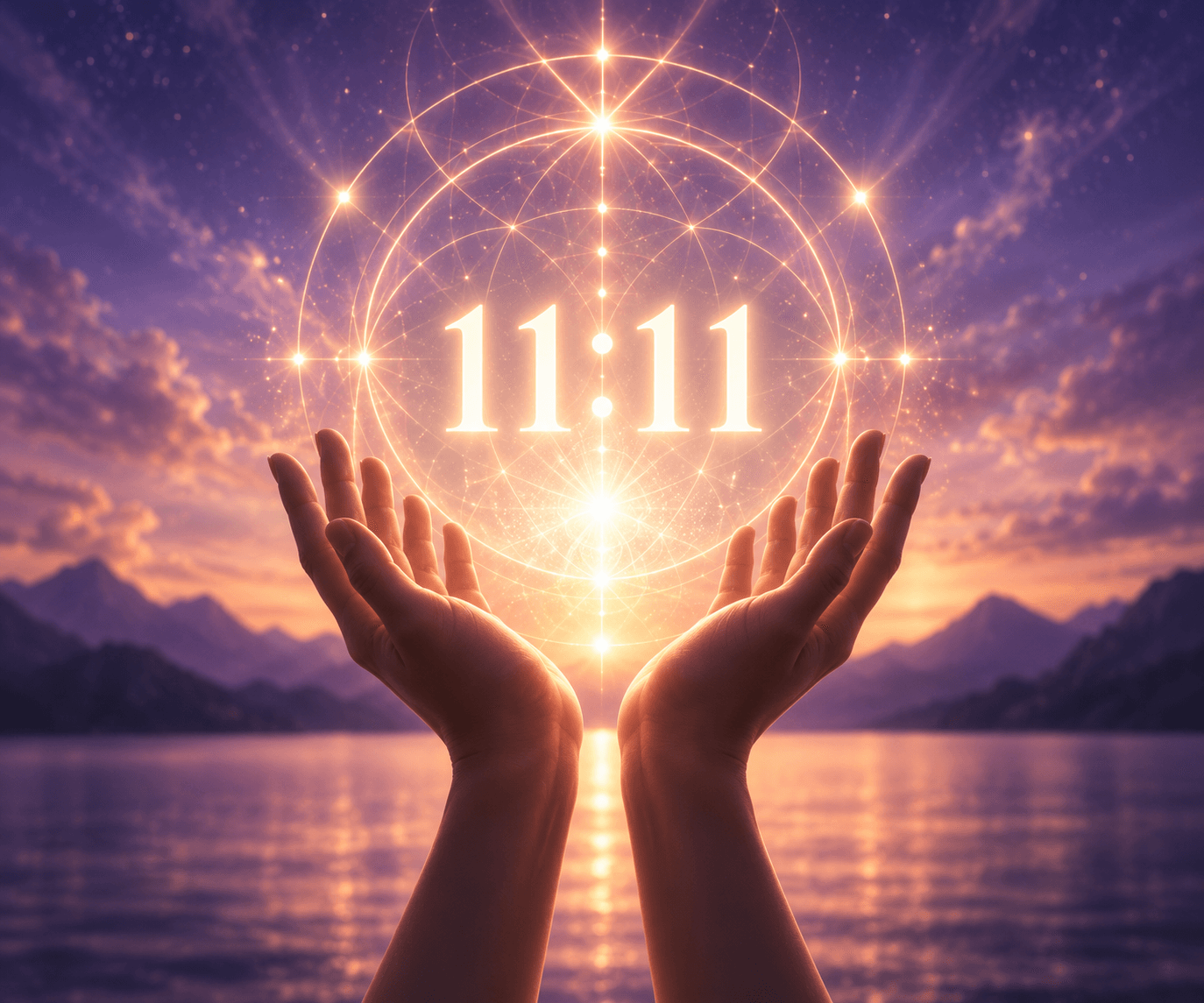 Hands holding a glowing 11:11 portal