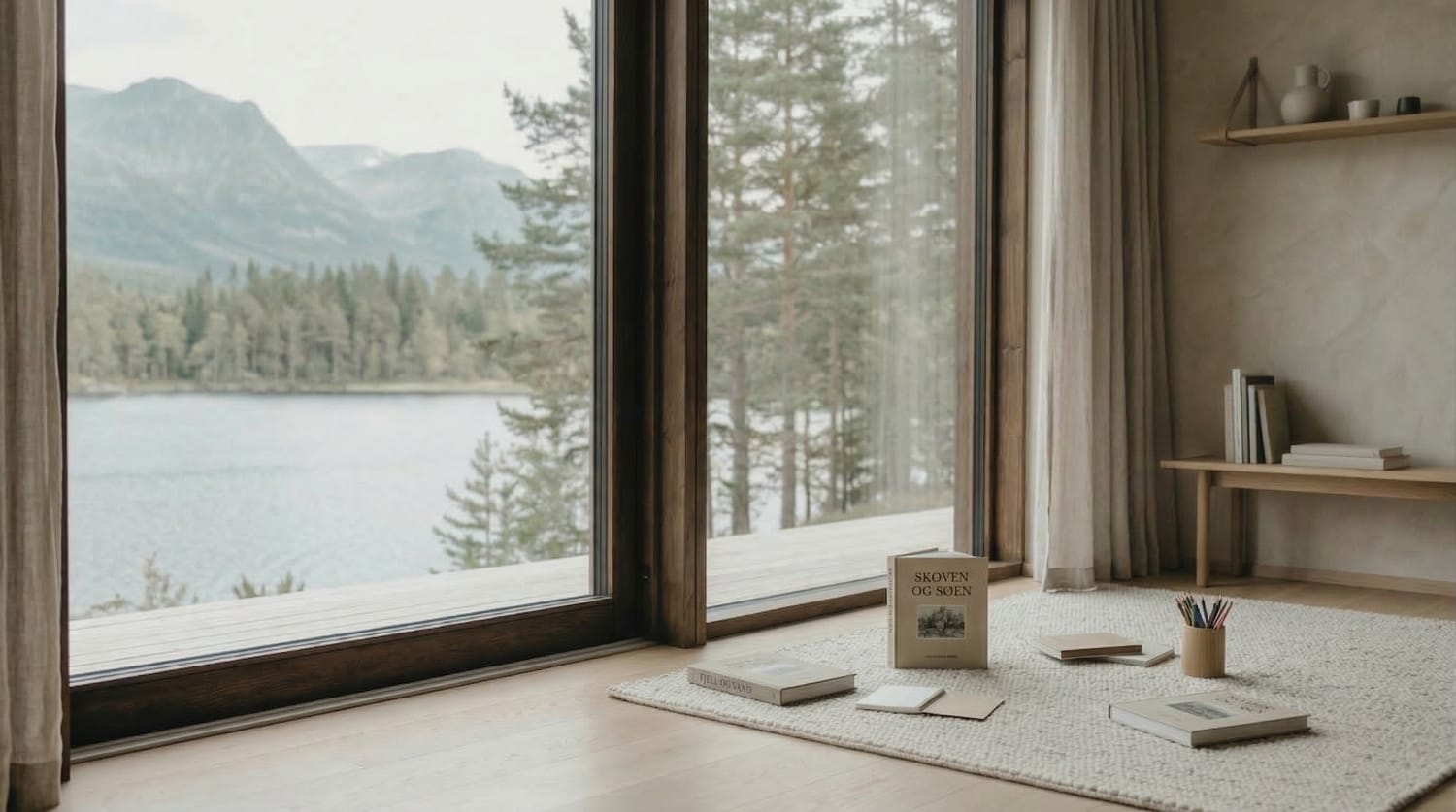 Calm Scandinavian interior with books, natural light and lake view