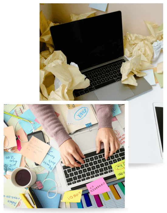 Laptop surrounded by notes and crumpled paper representing email marketing overwhelm