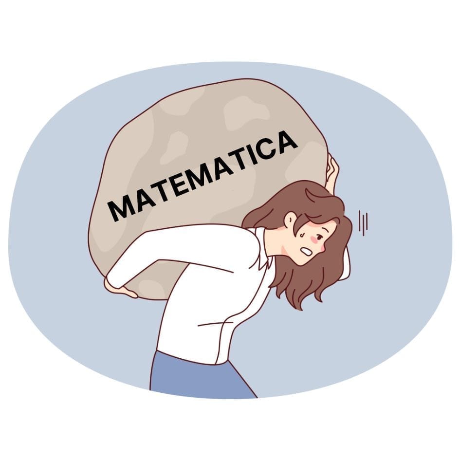 Ragazza affaticata che porta un grande masso con la scritta "Matematica", simbolo delle difficoltà scolastiche nella materia.