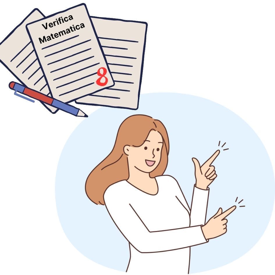 Studentessa felice che indica una verifica di matematica con voto 8, simbolo di miglioramento scolastico.