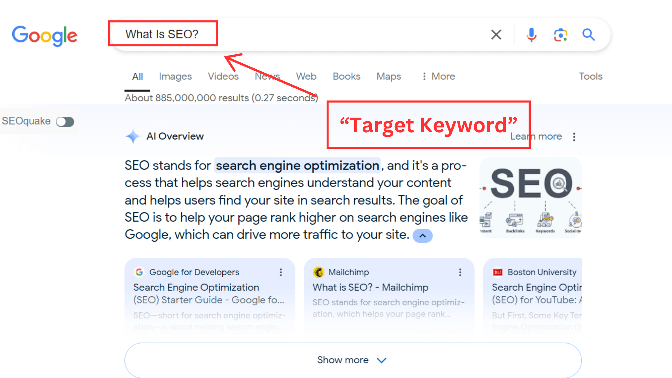 (Target Keyword): "A screenshot of a Google search results page for the query 'What is SEO?' The search bar at the top highlights the keyword 'What Is SEO?' Below, a snippet defines SEO as 'search engine optimization,' describing it as a process to help search engines understand content and improve site rankings. The image is annotated with a label pointing to the search bar, marked 'Target Keyword.' The snippet is from an 'AI Overview' section