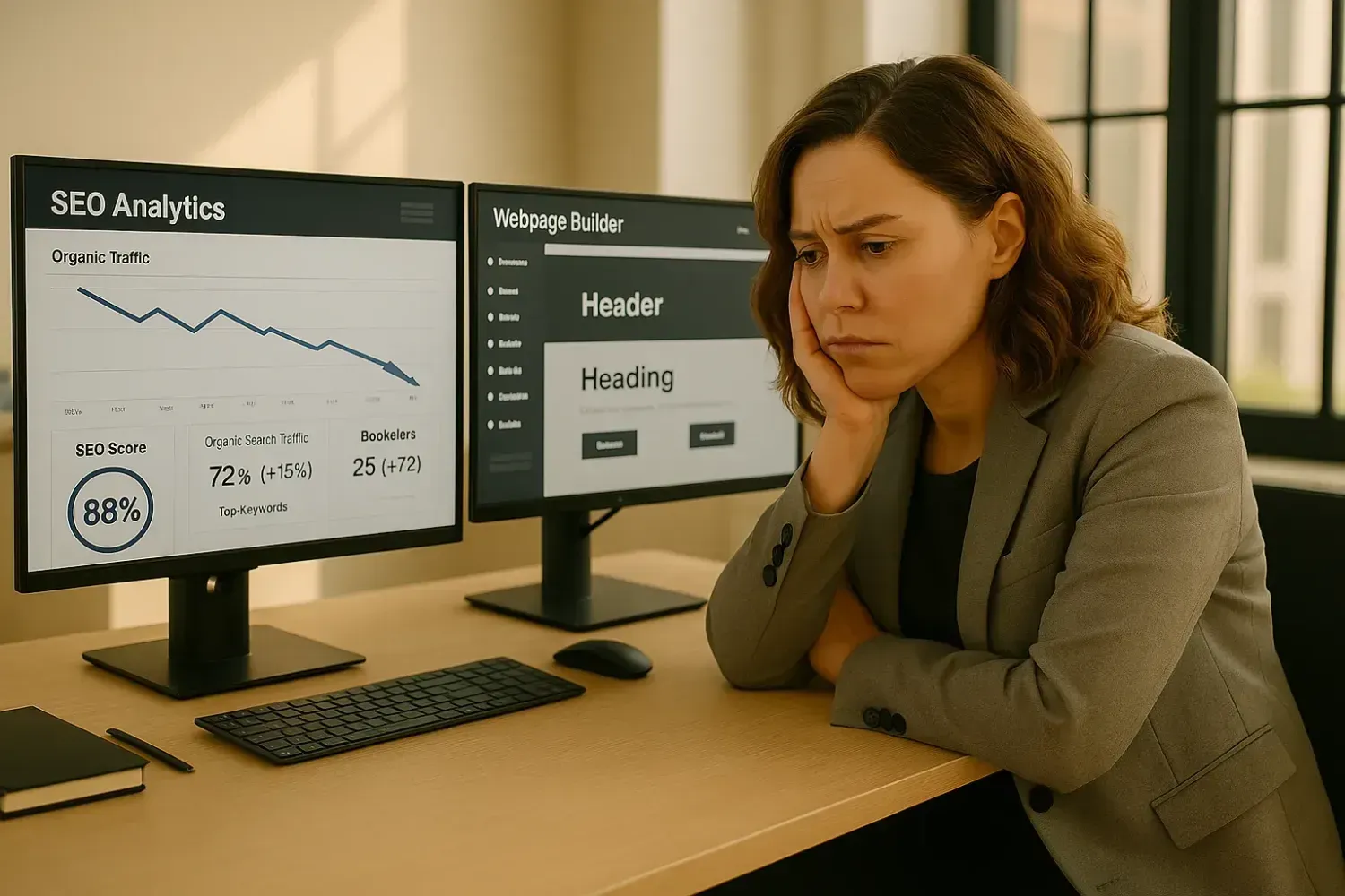 woman sitting at her desk trying to do AI SEO Optimization