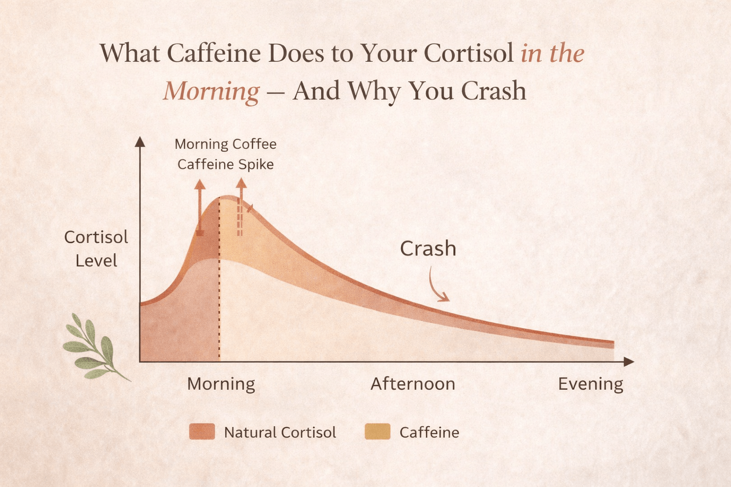 Chart showing the natural morning cortisol curve with a caffeine spike from coffee stacked on top, followed by a steady decline into an afternoon energy crash.