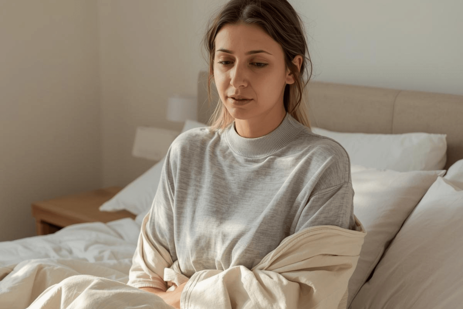 A woman sitting on a bed, wearing a light gray sweater and holding a cream-colored blanket, with soft lighting in a minimalist bedroom.