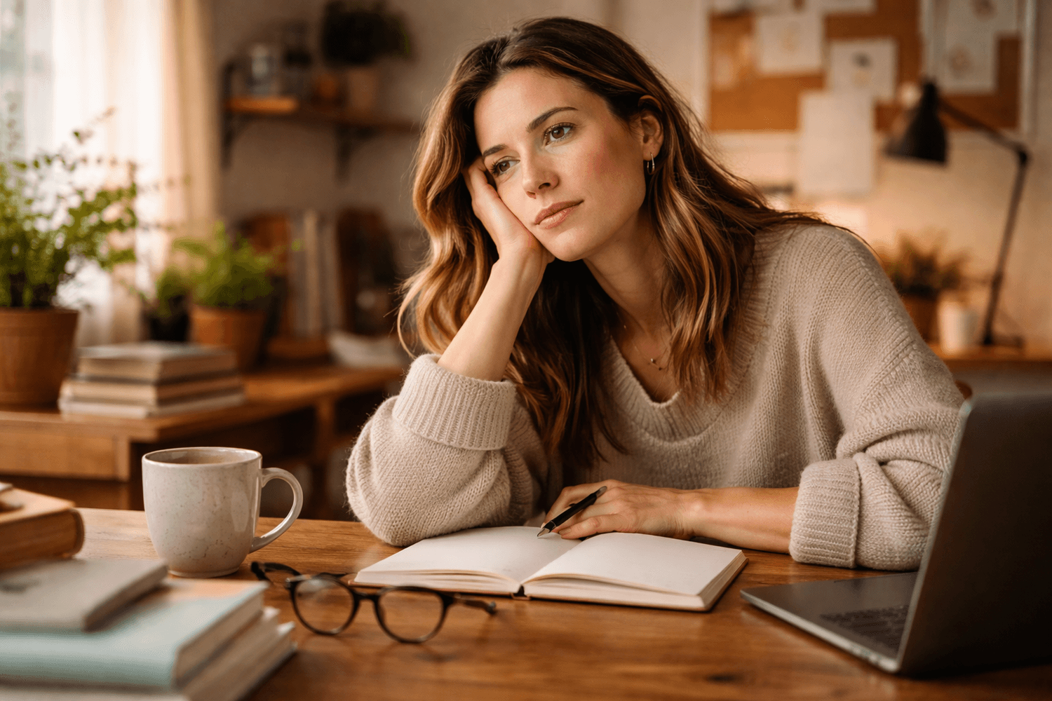 Woman sitting at her home desk looking tired and mentally drained, representing the afternoon energy crash caused by high cortisol