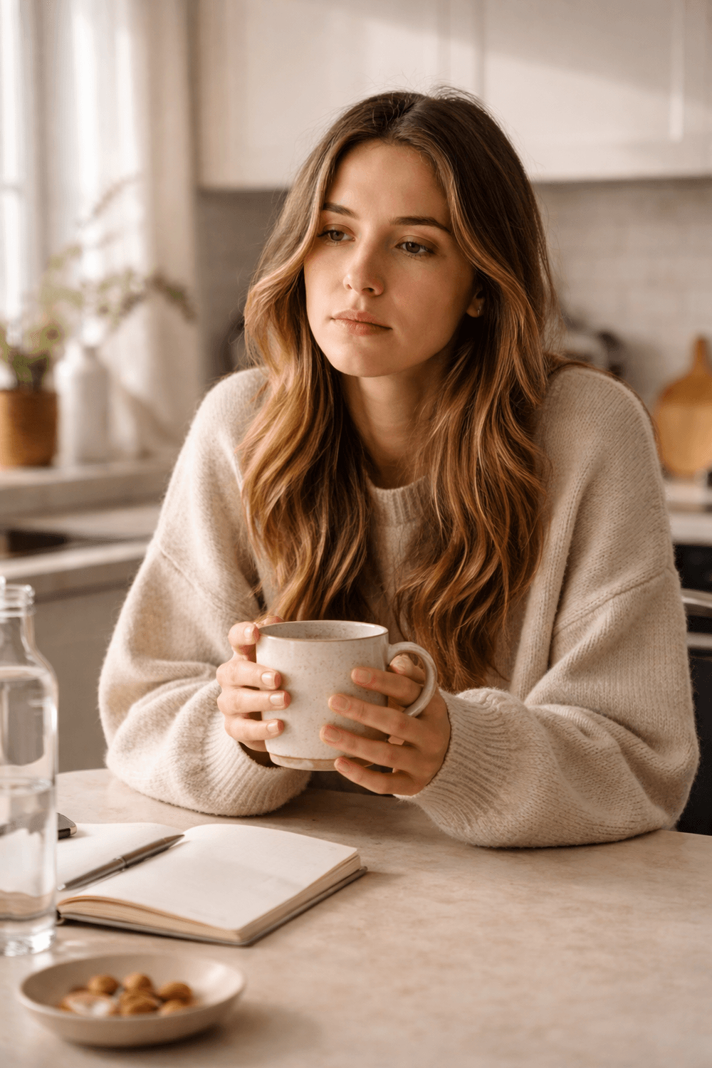 Woman sitting at kitchen counter holding coffee, looking tired but calm in soft morning light, representing morning cortisol fatigue and low energy
