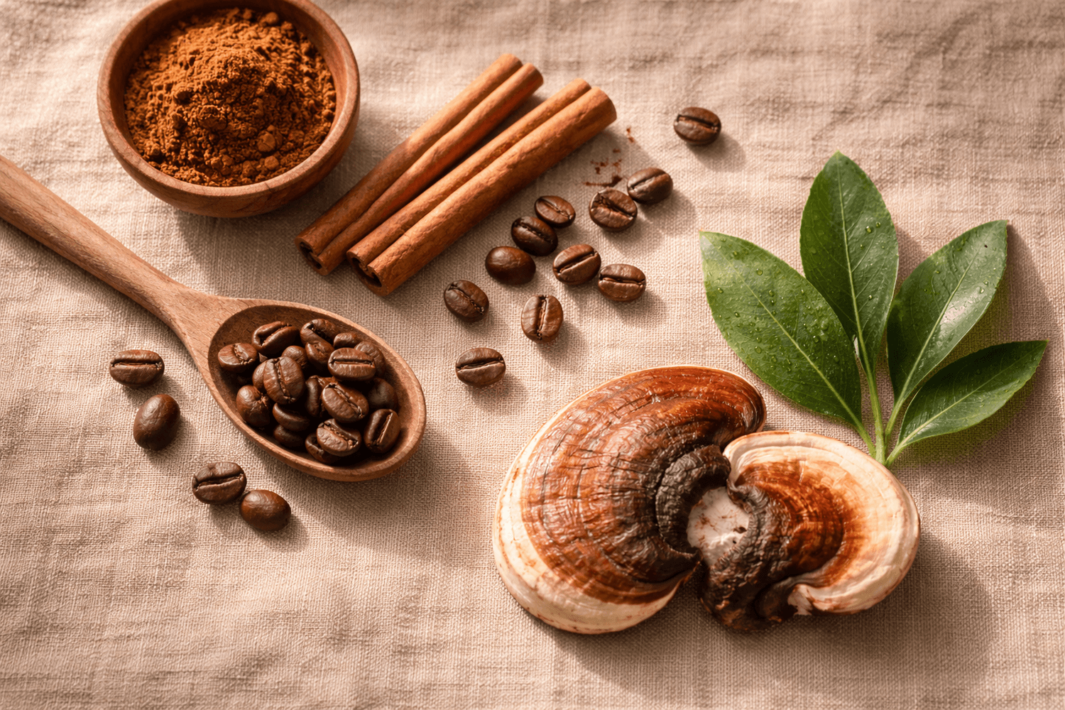 Natural coffee alternative ingredients including adaptogens and mushroom extracts laid out on linen, representing cortisol-friendly morning support