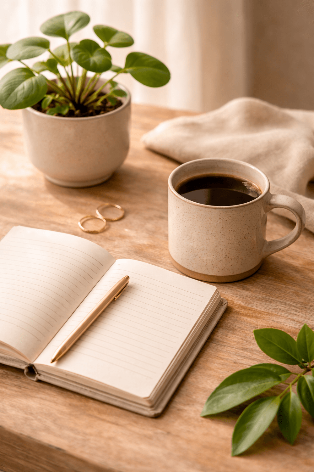 Calm morning routine scene with journal, coffee mug, and plant in warm natural light, representing a low cortisol morning and gentle start to the day