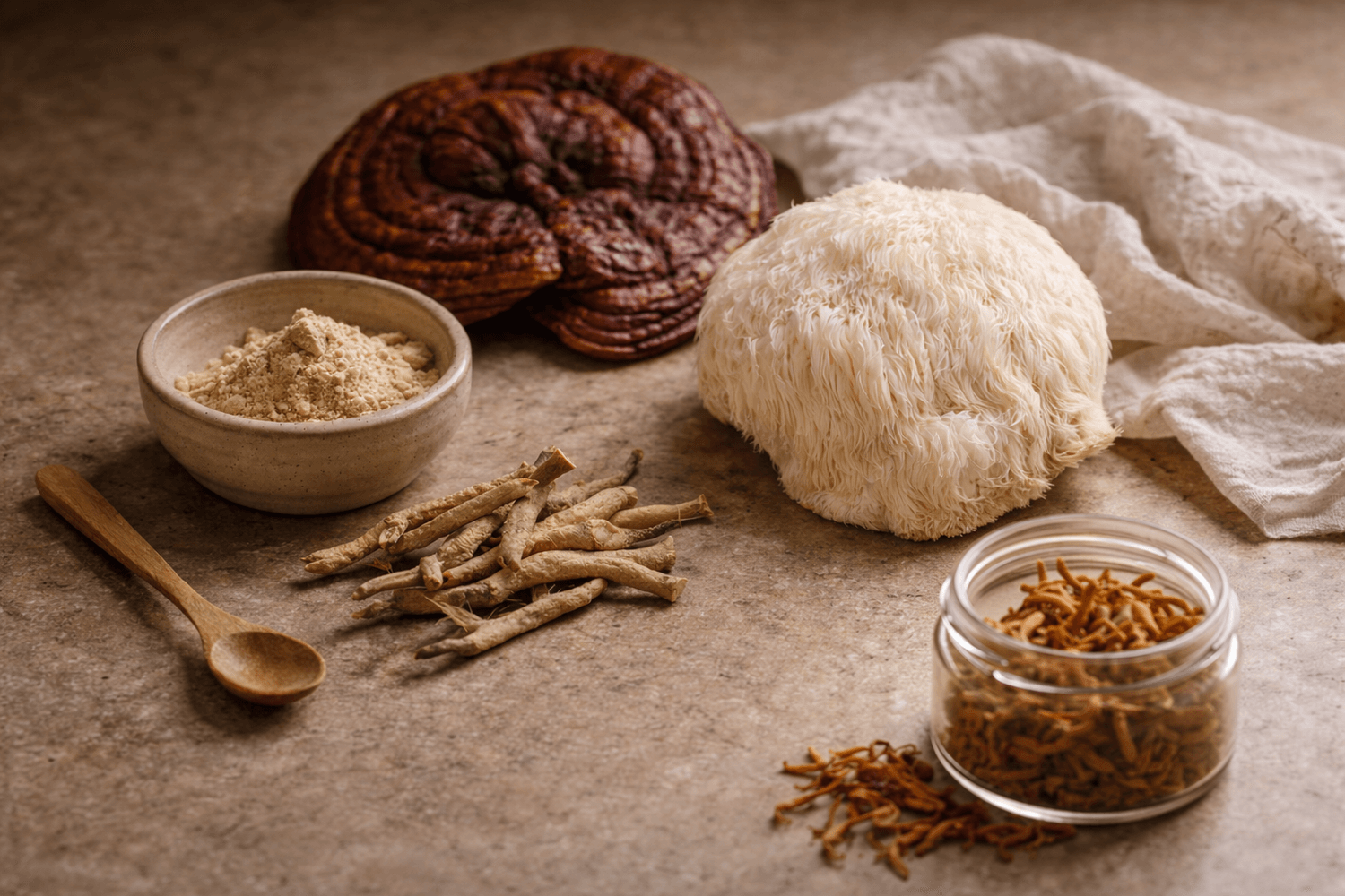 Four adaptogenic ingredients including ashwagandha root and powder, reishi mushroom, lion’s mane mushroom, and cordyceps arranged naturally on a warm kitchen counter in soft natural light.