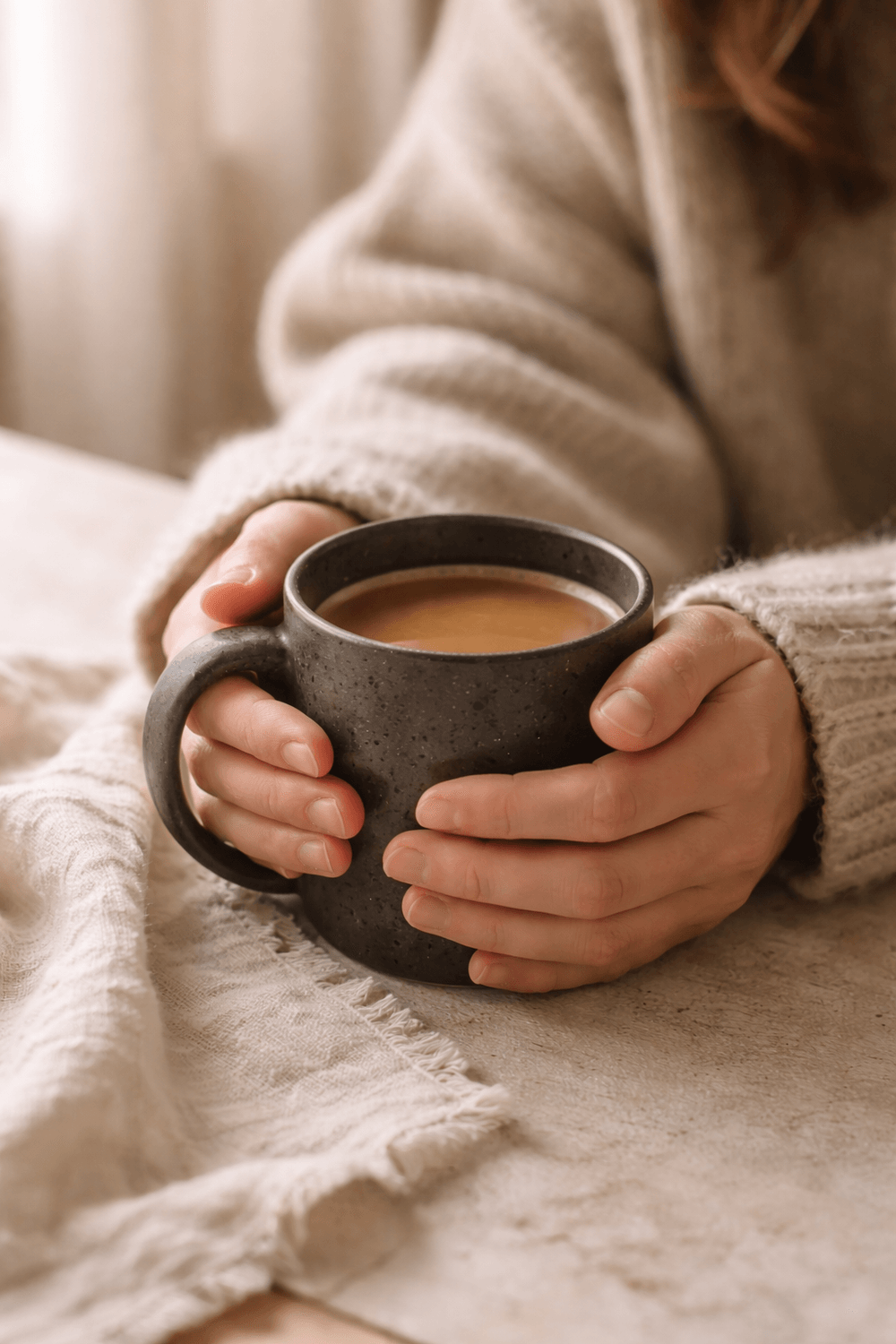 Close-up of hands wrapped around a dark ceramic coffee mug in soft morning light, creating a warm, calm, and quiet routine moment.