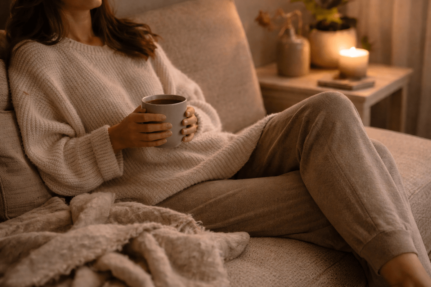 Woman sitting on a couch in soft evening light, holding a mug and relaxing after a long day, creating a calm and quiet wind-down routine moment.