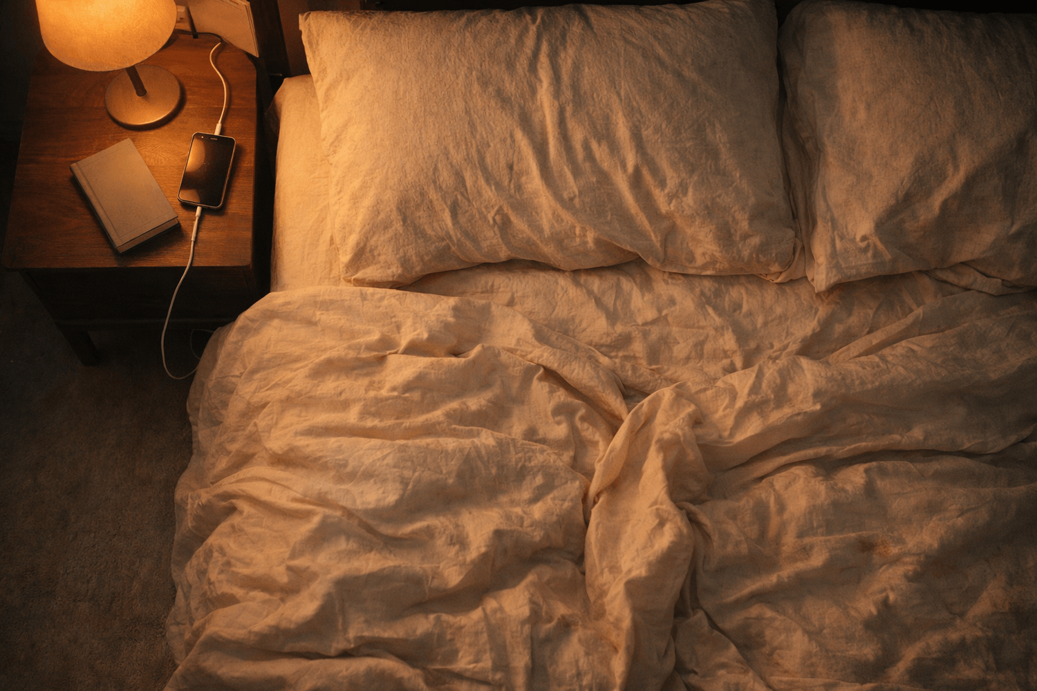 Overhead view of an unmade bed at twilight with warm sand linen sheets, a book face-down, and a phone charging on a nightstand under soft lamp light, representing evening burnout and mental exhaustion in women.
