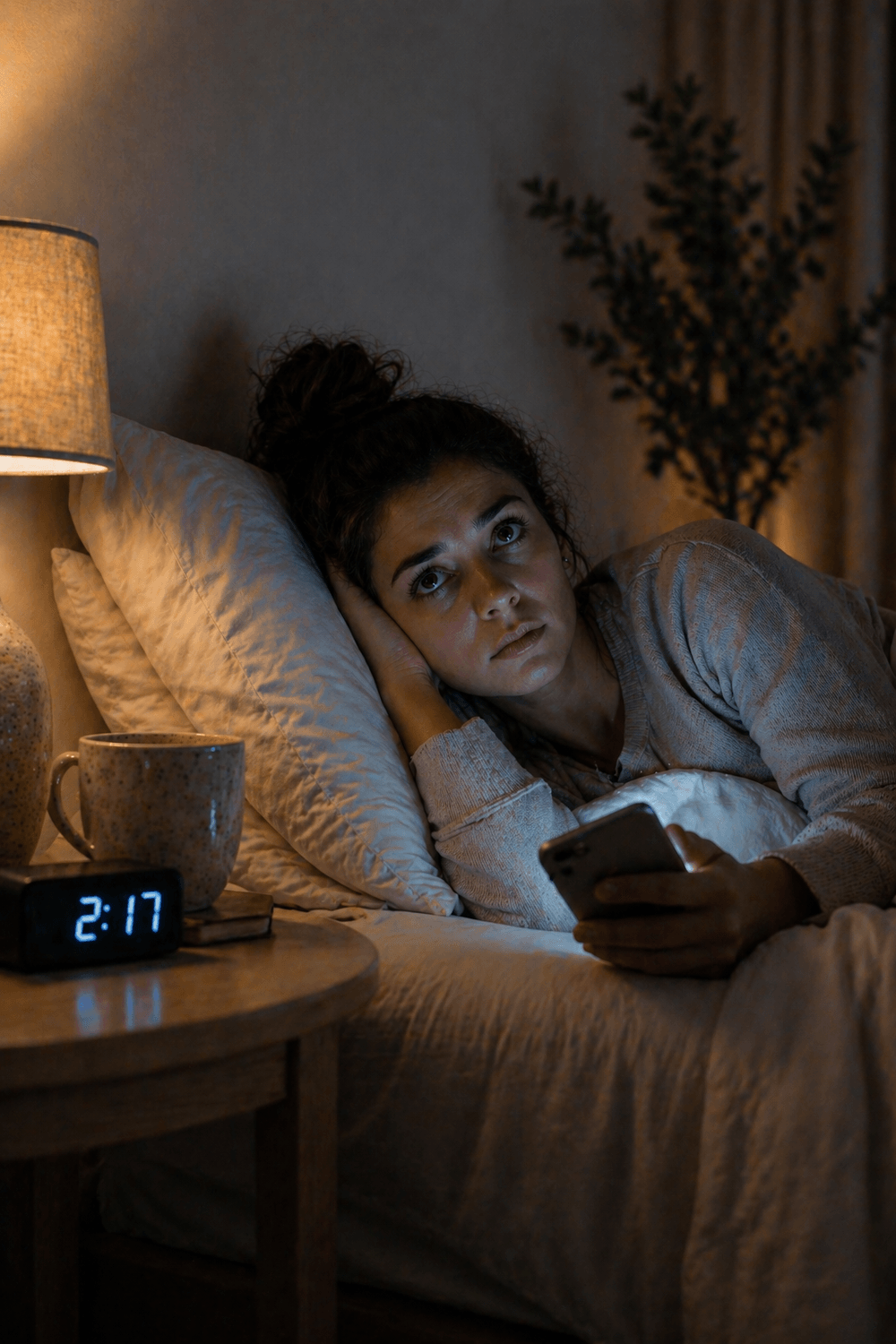Woman lying awake in bed at night looking tired but unable to sleep, holding her phone with a clock showing early morning hours, representing insomnia, stress, and the tired but wired feeling.