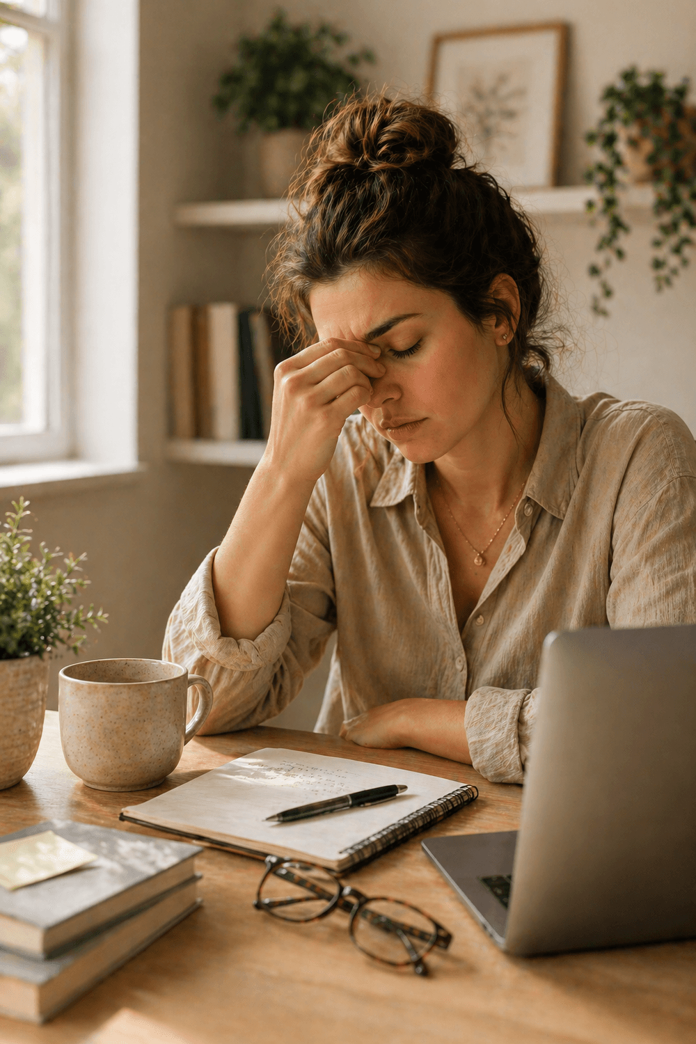 Woman sitting at her desk in the afternoon feeling fatigued and overwhelmed, holding her forehead during a 2PM energy crash with low energy and brain fog.