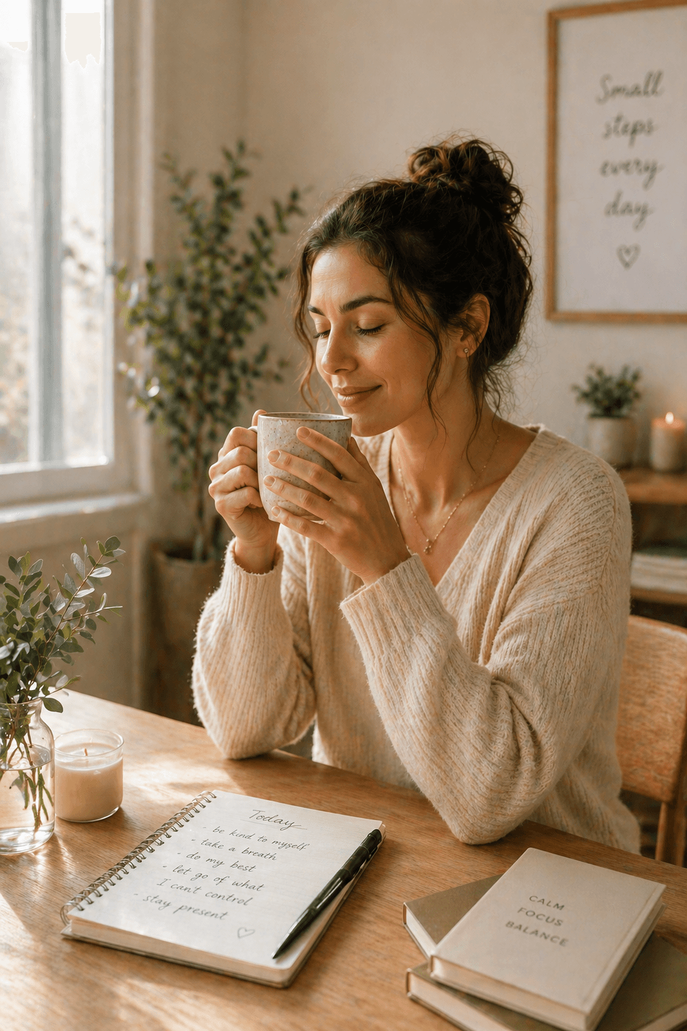 Woman sitting in soft morning light holding a warm drink, representing a calm morning routine to lower cortisol and support steady energy