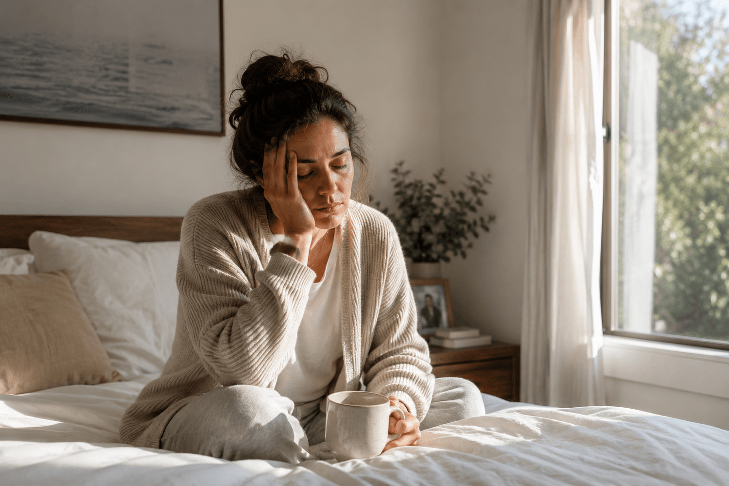 Woman sitting on a bed, looking tired and holding a mug. Sunlight streams through the window, creating a peaceful yet weary morning atmosphere.