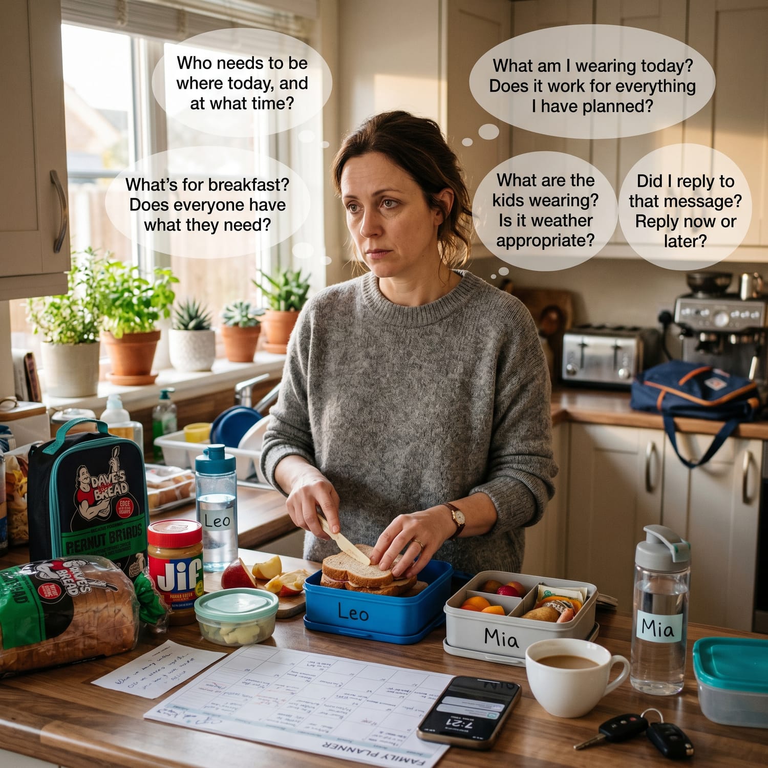A woman prepares school lunches in a kitchen while looking thoughtful; text bubbles show she is thinking about tasks and family schedules.