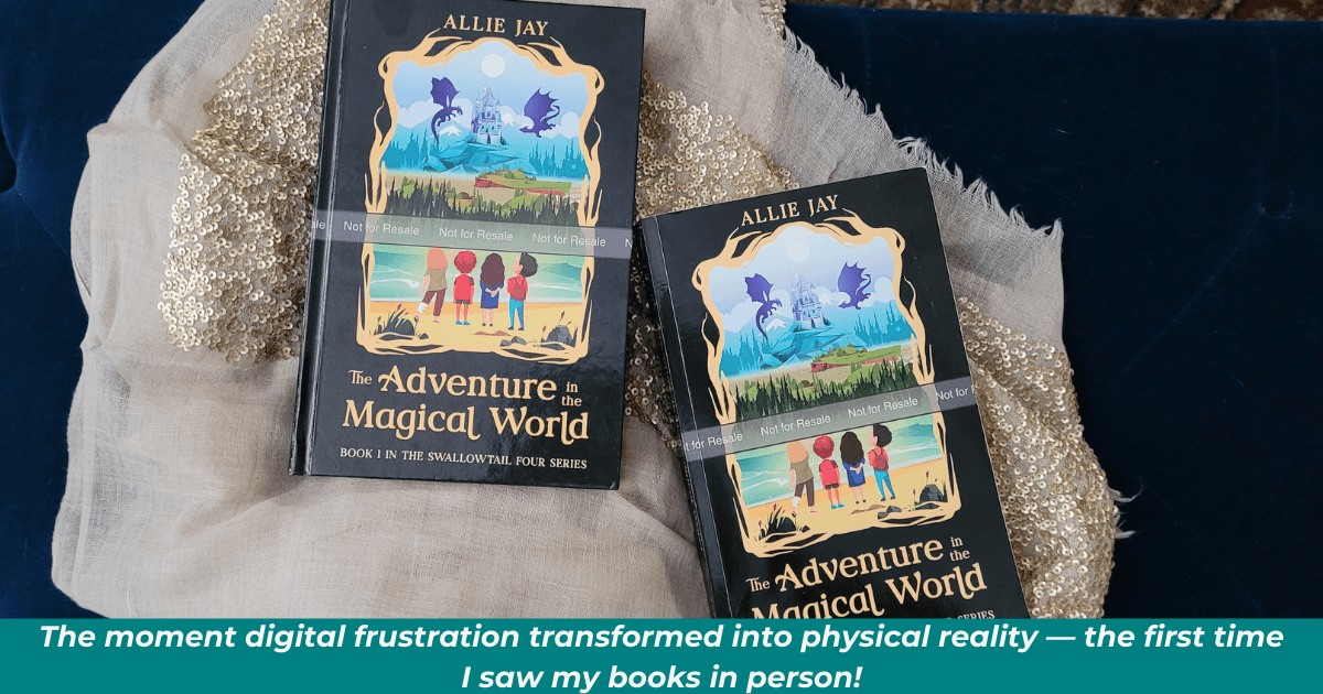Display of paperback and hardcover proof copies of “The Adventure in the Magical World”