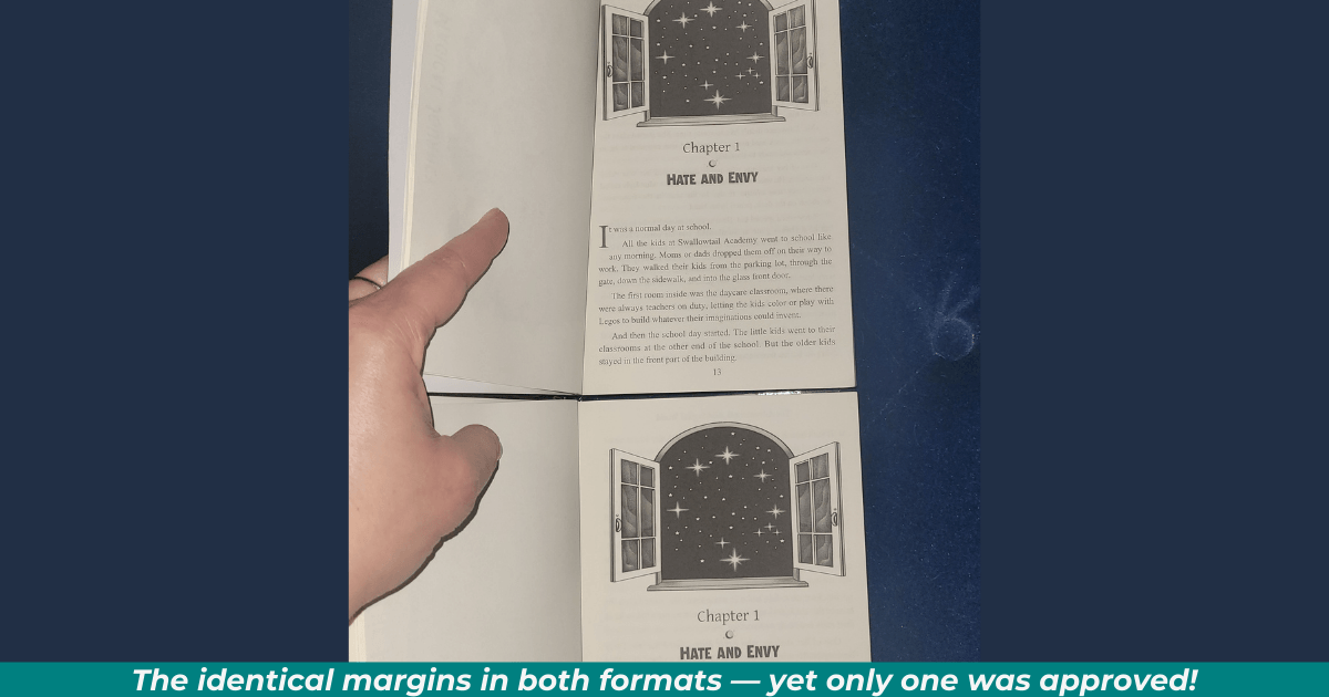 Paperback and hardcover proofs showing identical margins