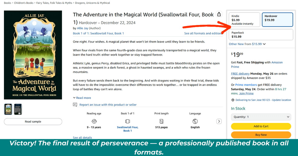 “The Adventure in the Magical World” book listing on Amazon with proper cover and all formats available