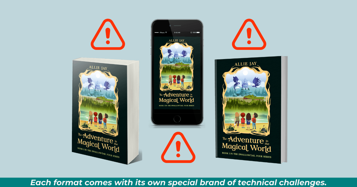 E-book, paperback, and hardcover formats with caution symbols above each