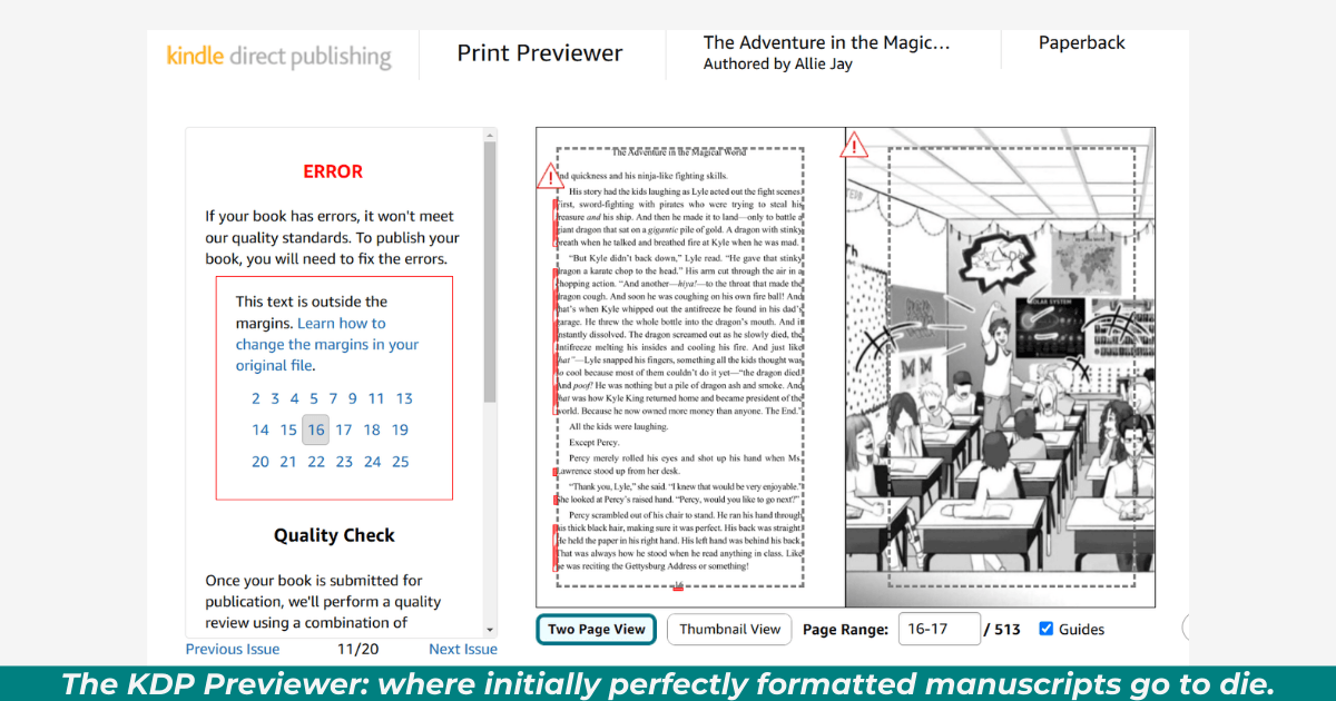 KDP previewer showing highlighted error messages about margins, bleed, and text placement where no issues existed before
