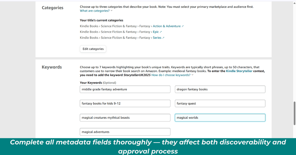 Screenshot of completed KDP eBook metadata fields 