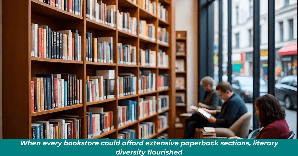 Well-stocked bookstore paperback section with various genres.