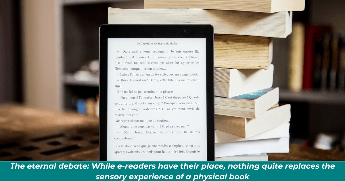 Physical books stacked next to an e-reader device.