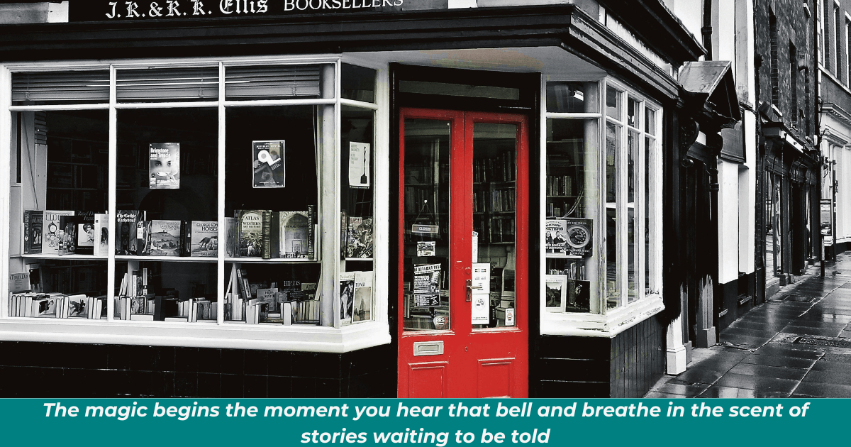 Black-and-white British bookstore with a vintage exterior, complete with books lining the leaded window pane and a bold red front door.