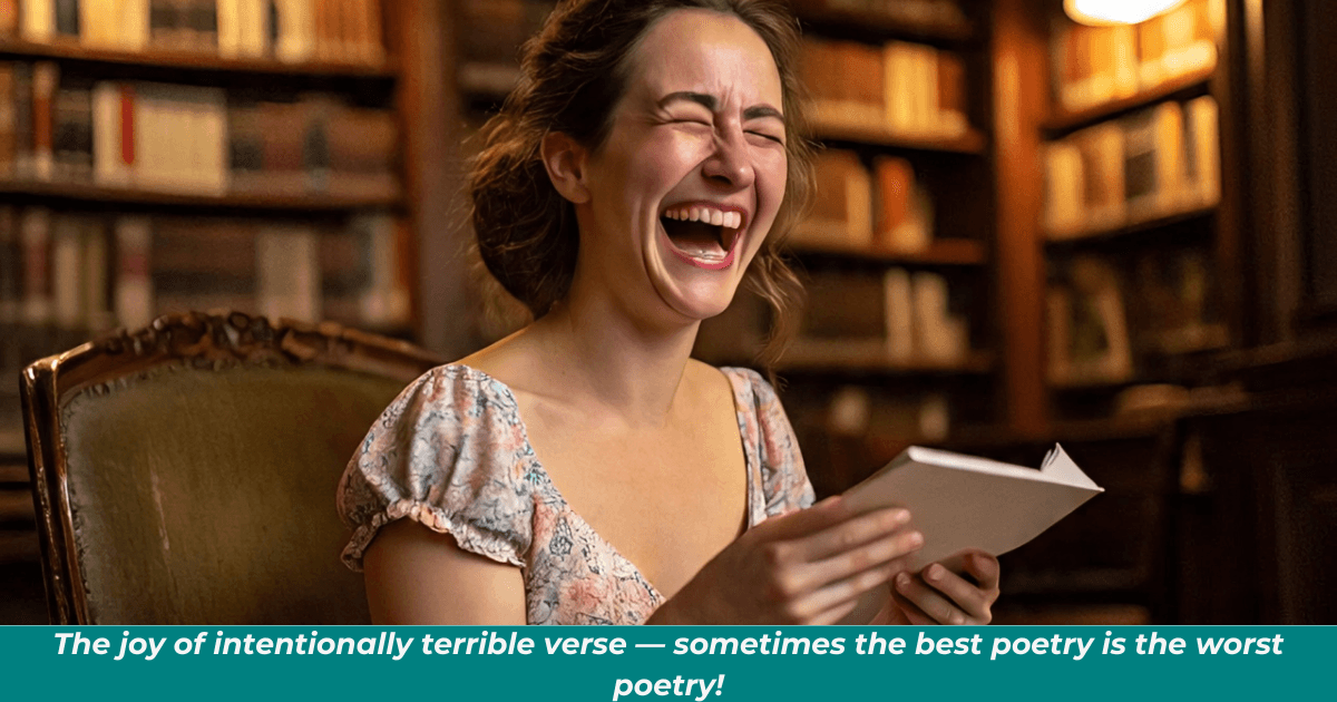 Woman roaring with laughter as she enjoys reading bad poetry.