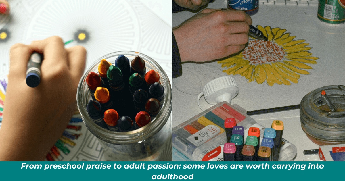 Side by side comparison of child and adult hands coloring detailed designs.
