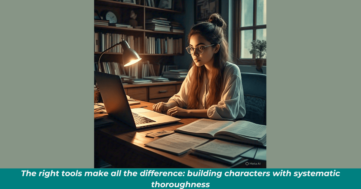 Female writer with long brown hair sitting at a desk, surrounded by reference books and character development materials.