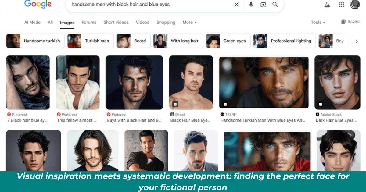 Computer screen displaying Google image search results for character inspiration.