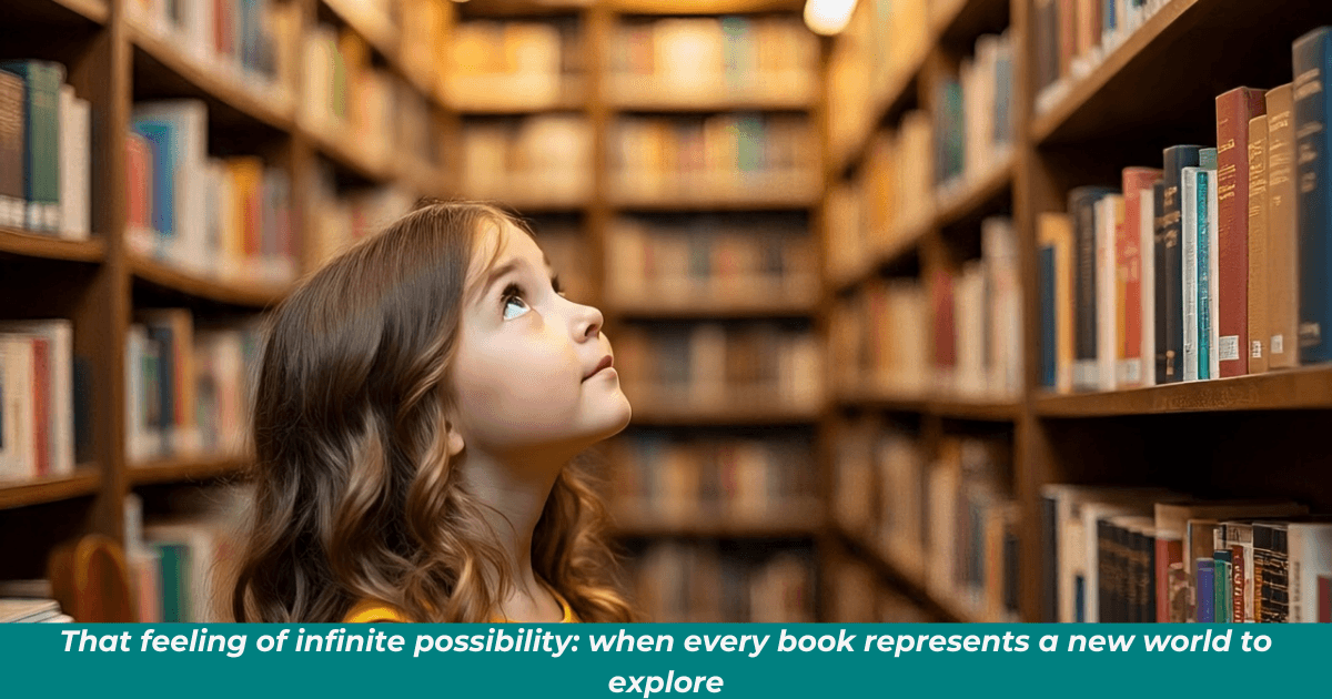 Little girl looking up in wonder at towering bookstore shelves.