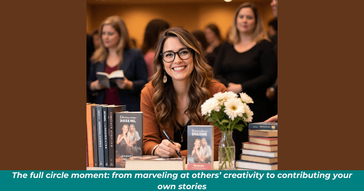Authoress sitting at a book signing table. She's surrounded by her published books by her left and right side while her new release is in front of her.