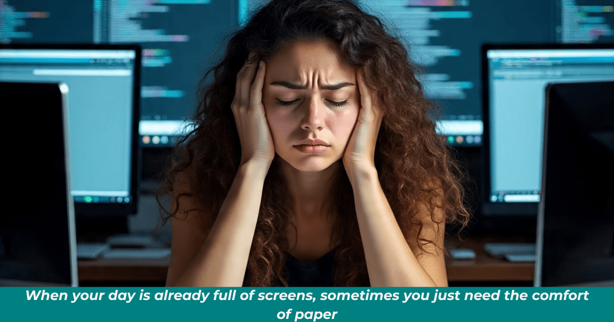 Woman surrounded by computer screens, digital fatigue all over her face.