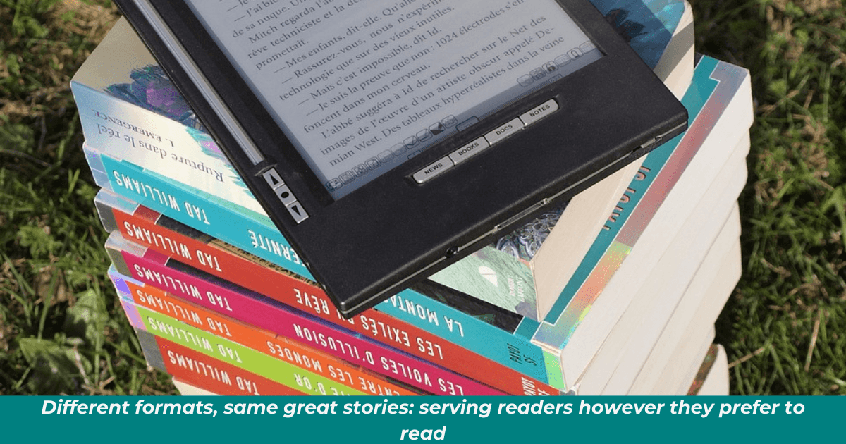 Digital device showing an eBook on top of a stack of physical books.