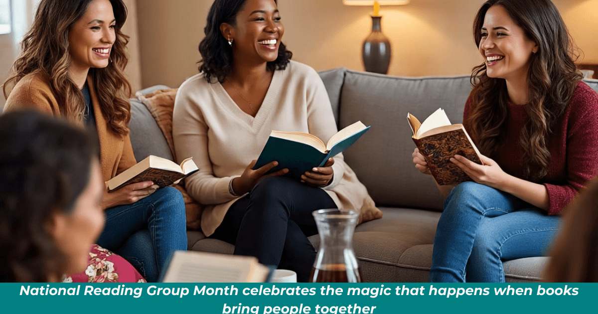 A group of women laughing and discussing a book around a coffee table filled with coffee and snacks