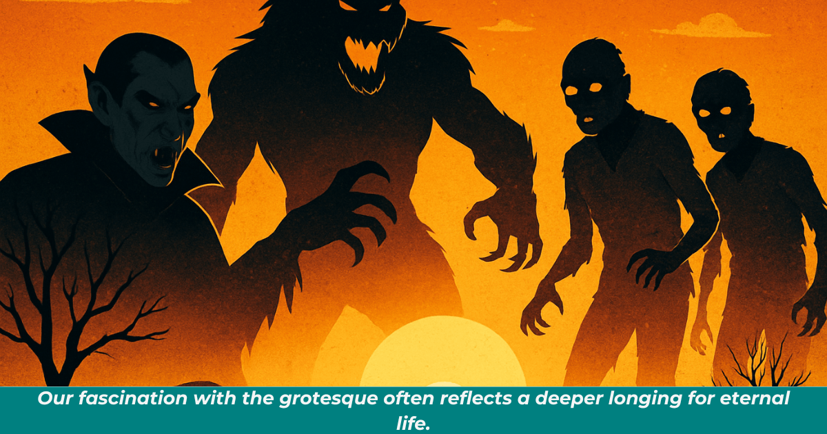 Dark silhouettes of vampires, a werewolf, and zombies standing on a hilltop as the sun rises behind them 