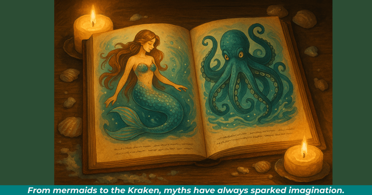 A vintage book of legends open, showing a mermaid on the left page and the Kraken on the right, beside seashells and a candle, harkening to stories of the sea and mythical creatures 