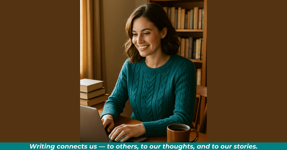A woman sitting at her writing desk, smiling as she types on a laptop surrounded by books and a warm cup of coffee.