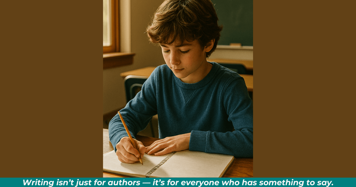 A young student writing in a notebook at a classroom desk, sunlight streaming across the page. 