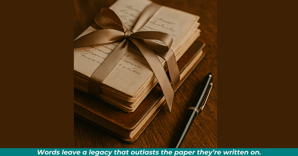 A bundle of aged letters and journals tied with a satin ribbon resting beside a pen. 